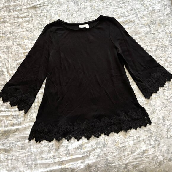 Chicos Womens Black Lace Trim Ponte Stretch 3/4 Sleeve Top Size 2 Large - Picture 2 of 5